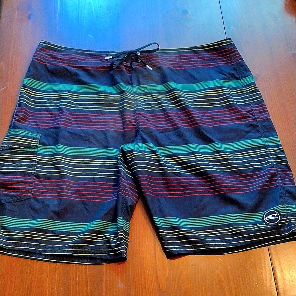 O'Neill Santa Cruz Board Shorts, Size 40, Black w/ green,red and yellow stripe